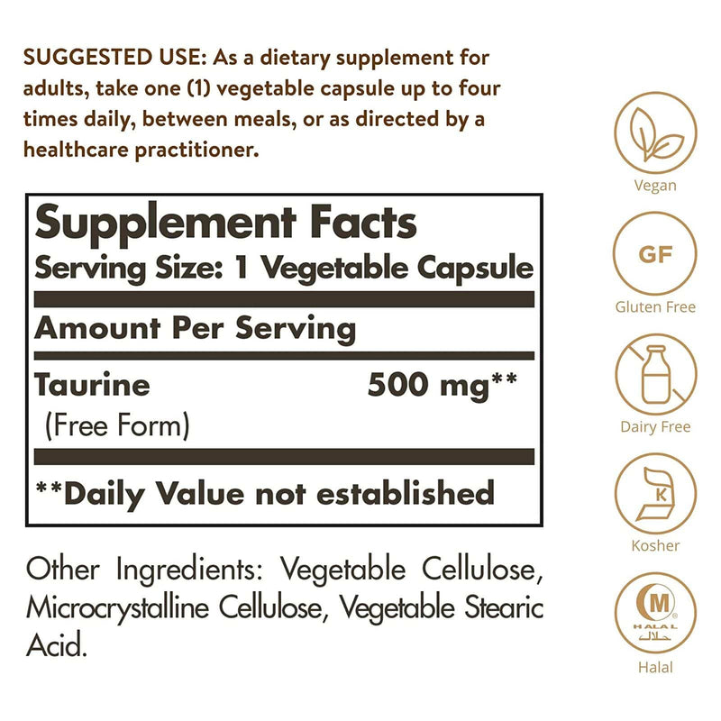 Solgar Taurina 500 mg 250 Cápsulas Vegetais