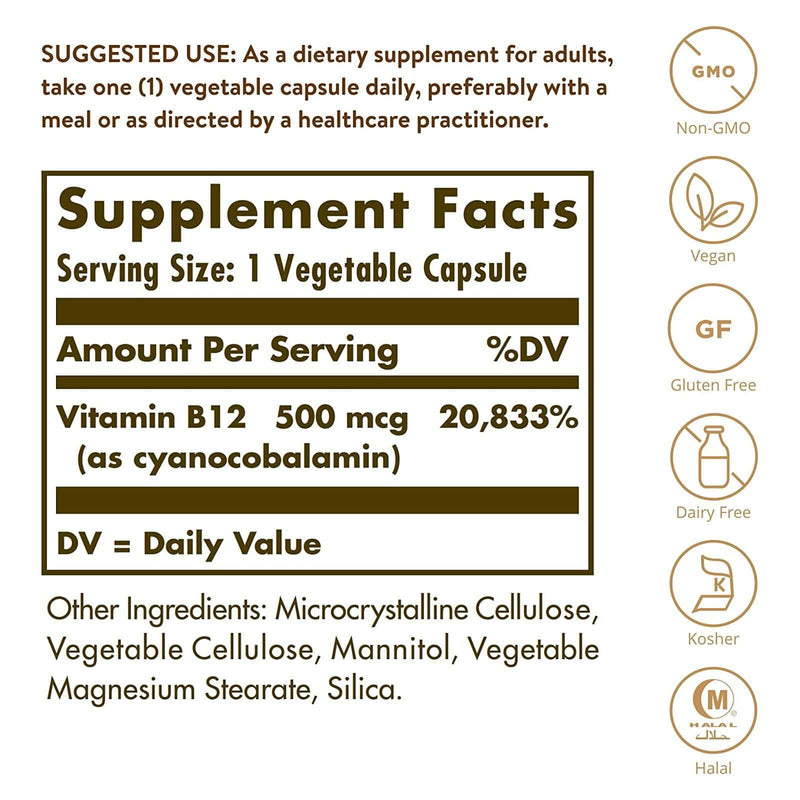 Solgar Vitamin B12 500 mcg 100 Vegetable Capsules