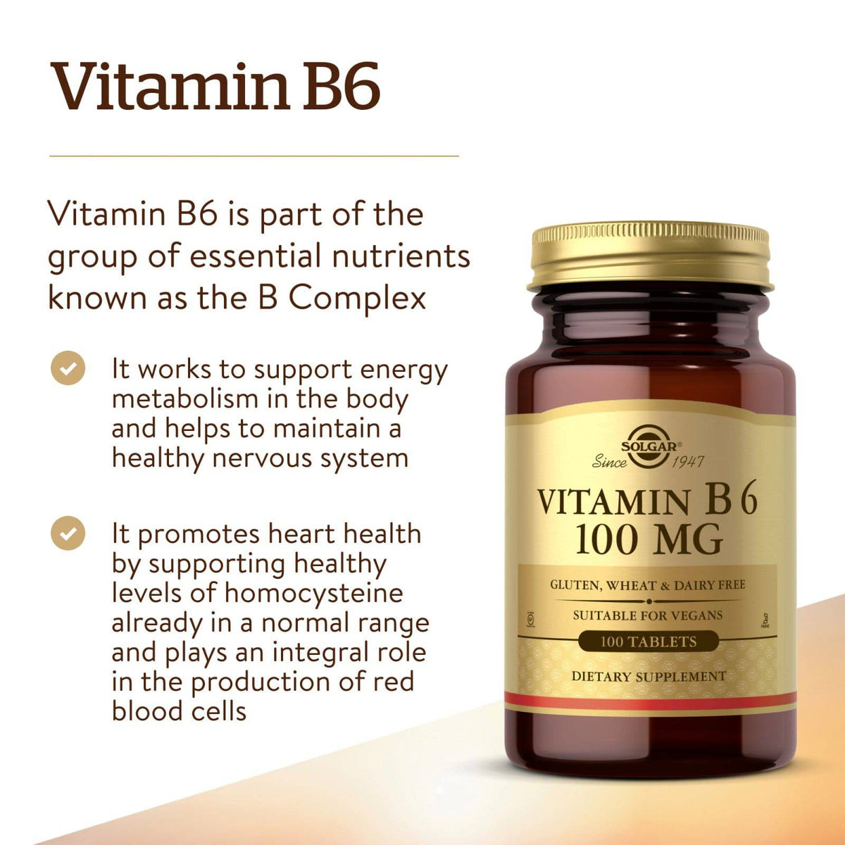 Vitamine B6 Solgar - 100 Comprimés De 100 Mg - Complément Alimentaire - Neuf