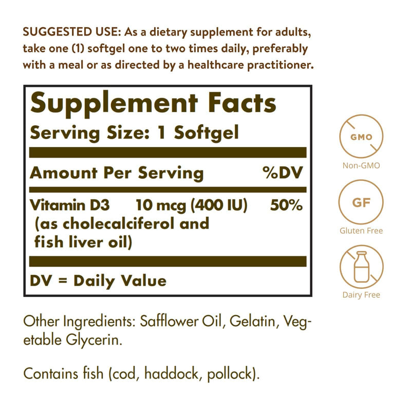 Solgar Vitamina D3 (Colecalciferol) 10 MCG (400 UI) 250 Cápsulas Blandas