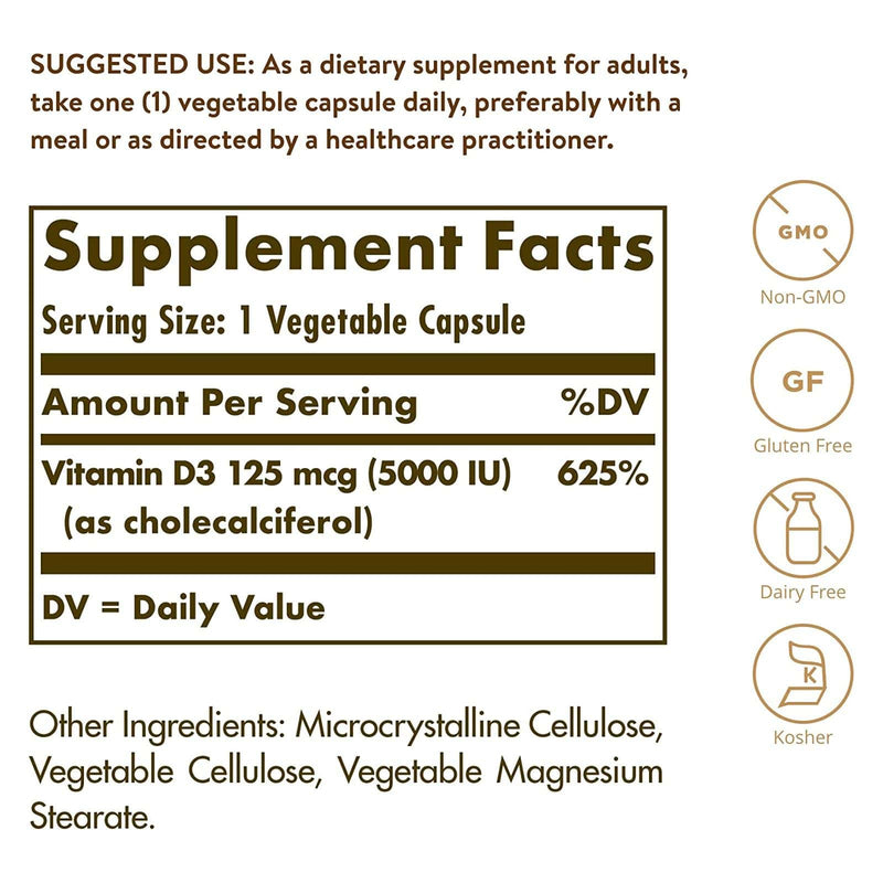 Solgar Vitamin D3 (Cholecalciferol) 125 mcg (5,000 IU) 120 Vegetable Capsules