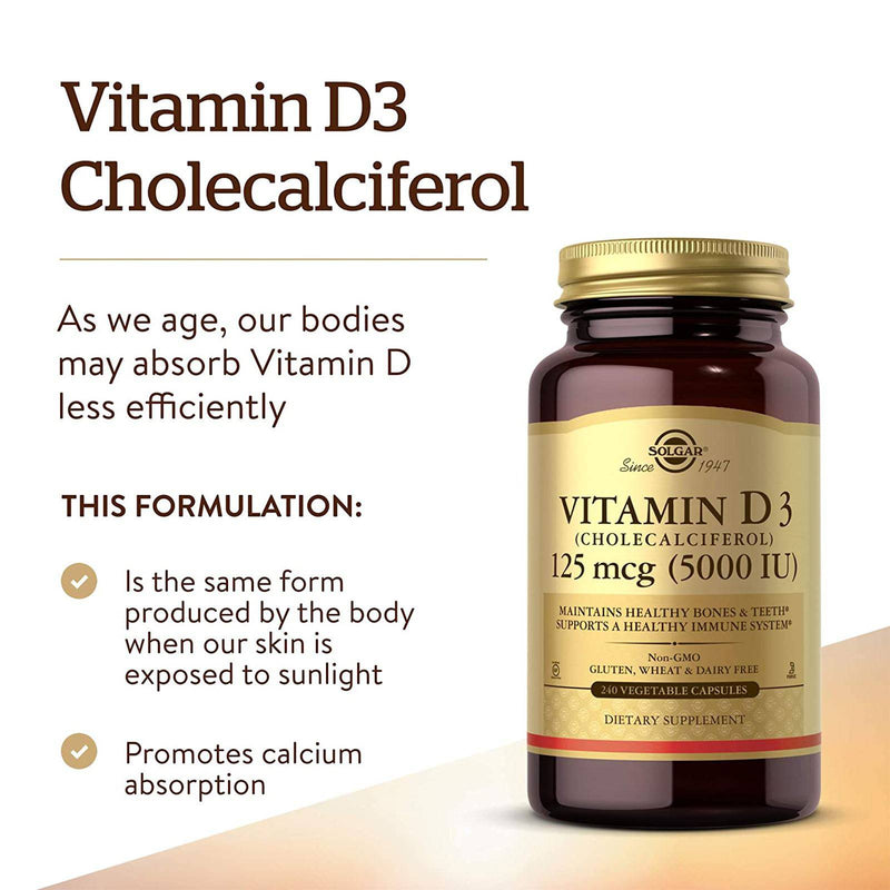 Solgar Vitamin D3 (Cholecalciferol) 125 mcg (5,000 IU) 240 Vegetable Capsules