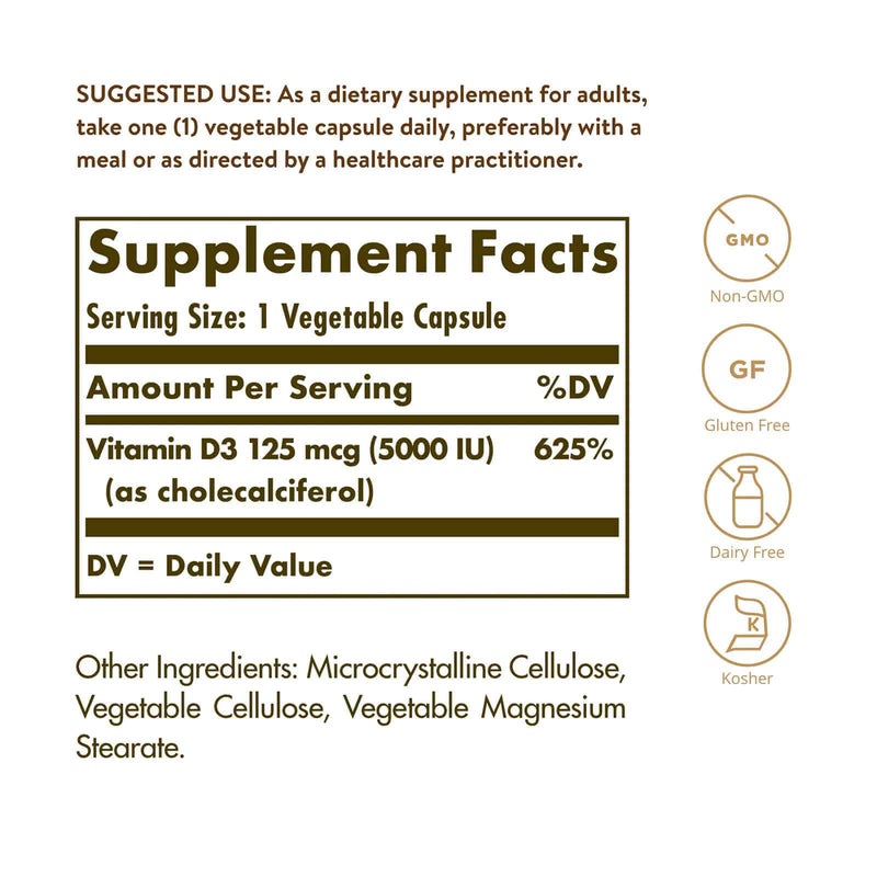 Solgar Vitamina D3 (Colecalciferol) 125 mcg (5.000 UI) 60 Cápsulas Vegetales