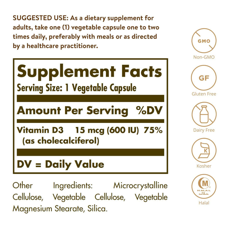 Solgar Vitamina D3 (Colecalciferol) 15 mcg (600 UI) 120 Cápsulas Vegetales