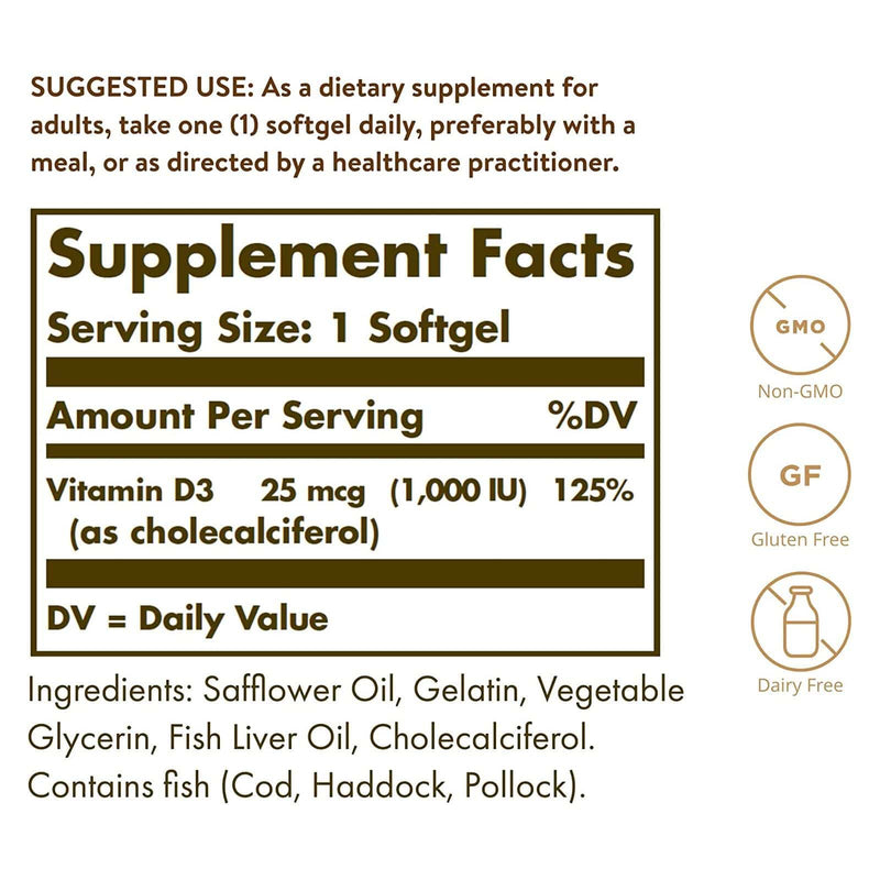 Solgar Vitamin D3 (Cholecalciferol) 25 mcg (1000 IU) 100 Softgels