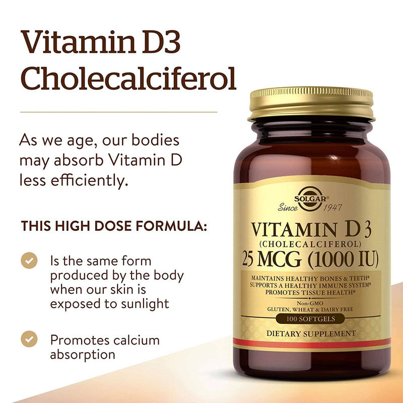 Solgar Vitamin D3 (Cholecalciferol) 25 mcg (1000 IU) 100 Softgels