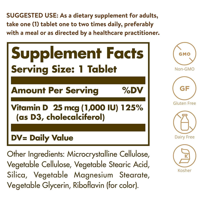 Solgar Vitamina D3 (Colecalciferol) 25 mcg (1000 UI) 180 Comprimidos