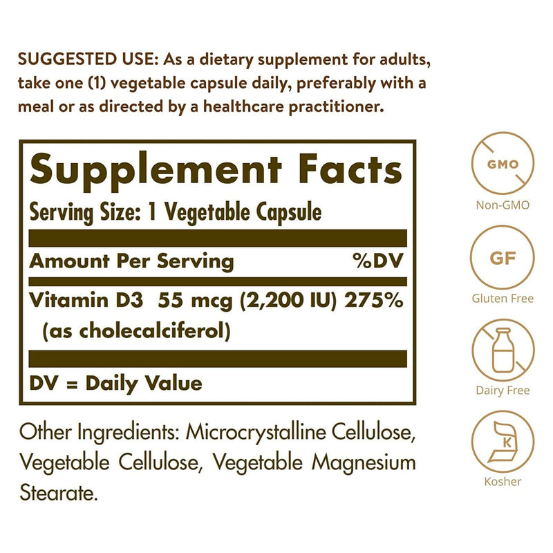 Solgar Vitamin D3 (Cholecalciferol) 55 mcg (2200 IU) 100 Vegetable Capsules