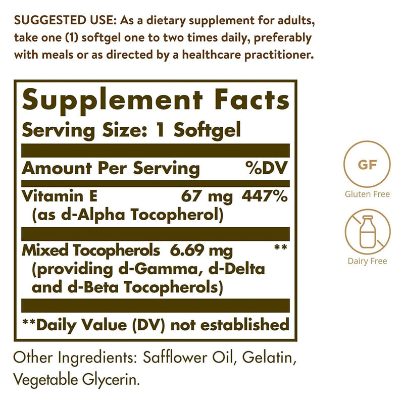 Solgar Vitamin E 67 mg (100 IU) Mixed Softgels (d-Alpha Tocopherol & Mixed Tocopherols) 100 Softgels