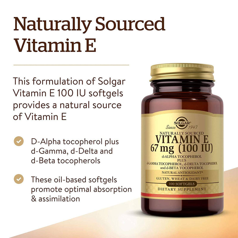 Solgar Vitamin E 67 mg (100 IU) Mixed Softgels (d-Alpha Tocopherol & Mixed Tocopherols) 100 Softgels