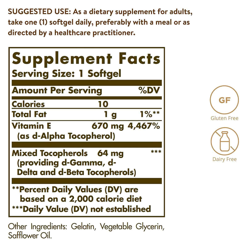 Solgar Vitamin E 670 mg (1000 IU) Mixed Softgels (d-Alpha Tocopherol & Mixed Tocopherols) 100 Softgels