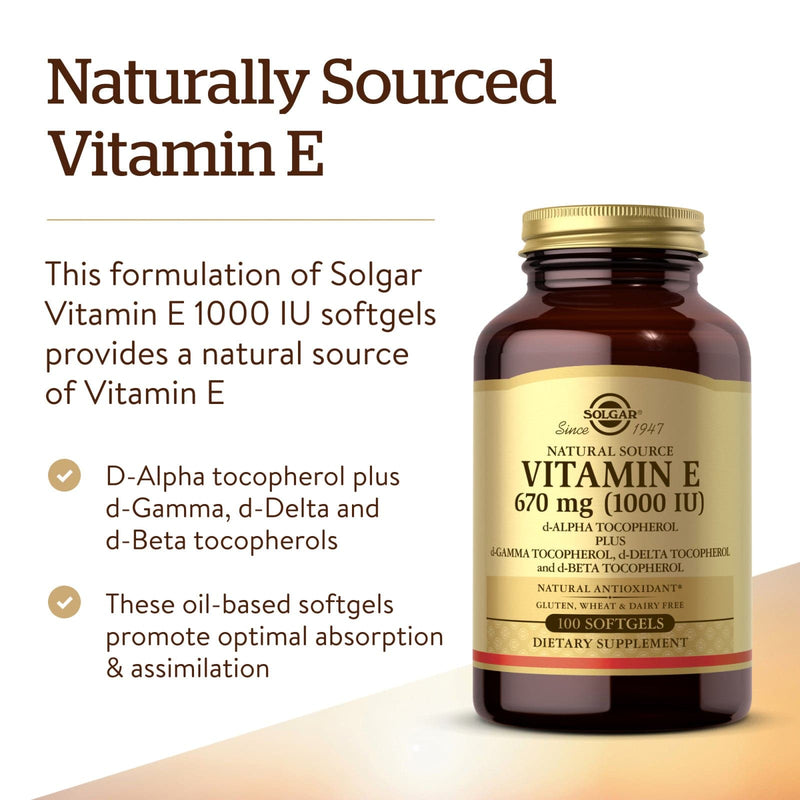 Solgar Vitamin E 670 mg (1000 IU) Mixed Softgels (d-Alpha Tocopherol & Mixed Tocopherols) 100 Softgels