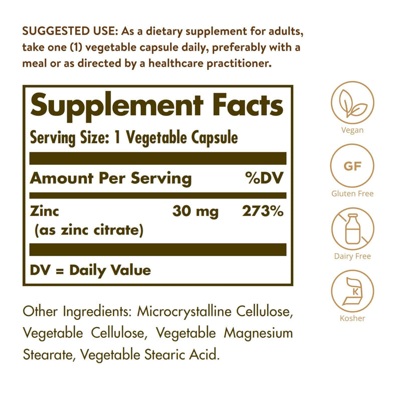 Solgar Zinc Citrate 30 mg 100 Vegetable Capsules