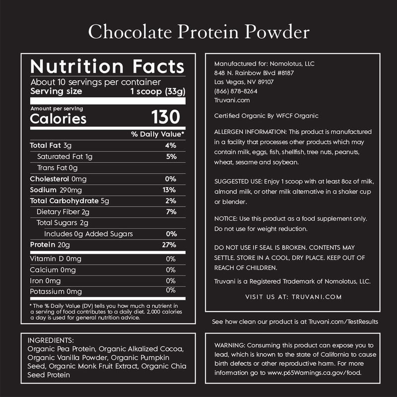 Truvani Organic Vegan Protein Powder Chocolate - 20g of Plant Based Protein 10 Servings - 11.82 oz - DailyVita