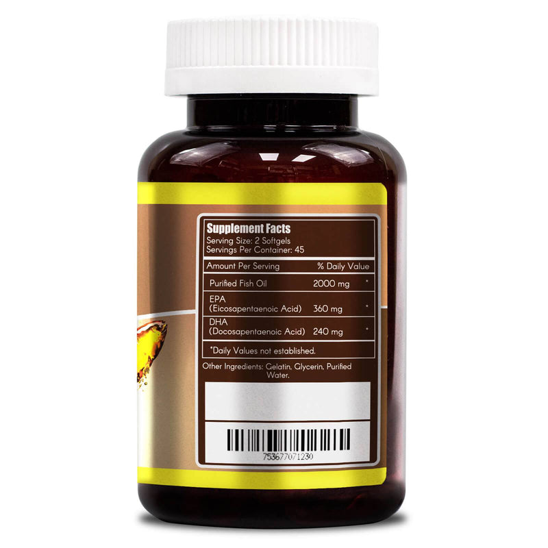 Aceite de pescado purificado natural WooHoo, Omega-3 1000 mg 90 cápsulas blandas