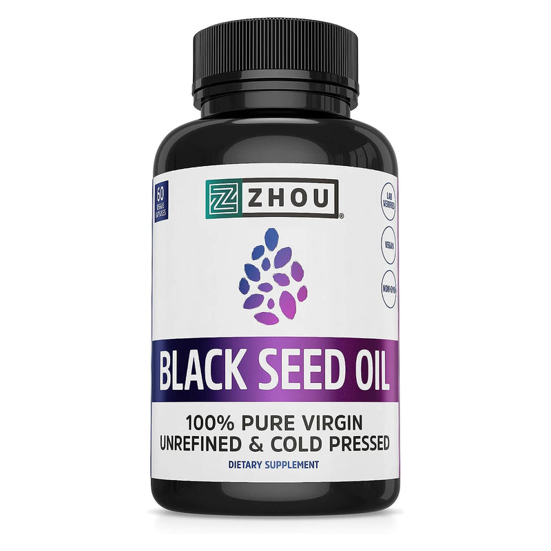 Zhou Nutrition Black Seed Oil, 100% Virgin, Cold Pressed Source of Omega 3 6 9, Super Antioxidant for Immune Support, Joints, Digestion, Hair & Skin, 60 Caps - DailyVita