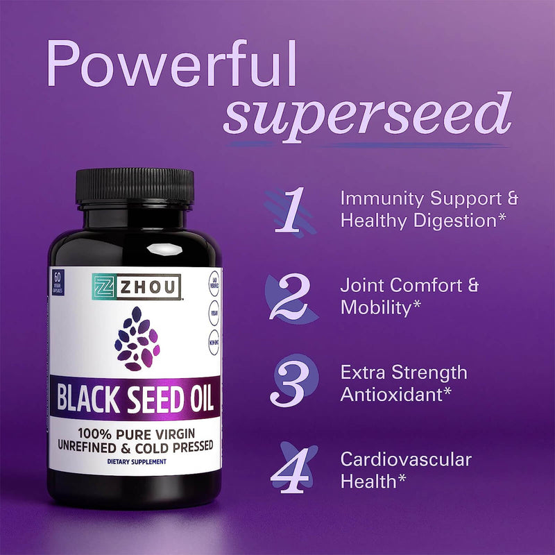 Zhou Nutrition Black Seed Oil, 100% Virgin, Cold Pressed Source of Omega 3 6 9, Super Antioxidant for Immune Support, Joints, Digestion, Hair & Skin, 60 Caps - DailyVita