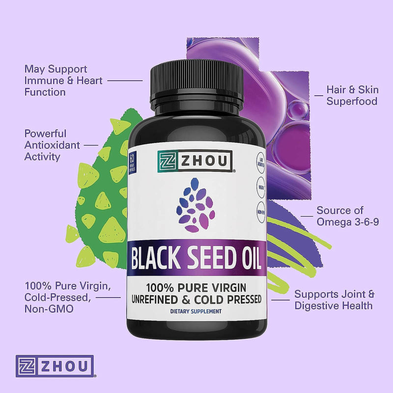 Zhou Nutrition Black Seed Oil, 100% Virgin, Cold Pressed Source of Omega 3 6 9, Super Antioxidant for Immune Support, Joints, Digestion, Hair & Skin, 60 Caps - DailyVita