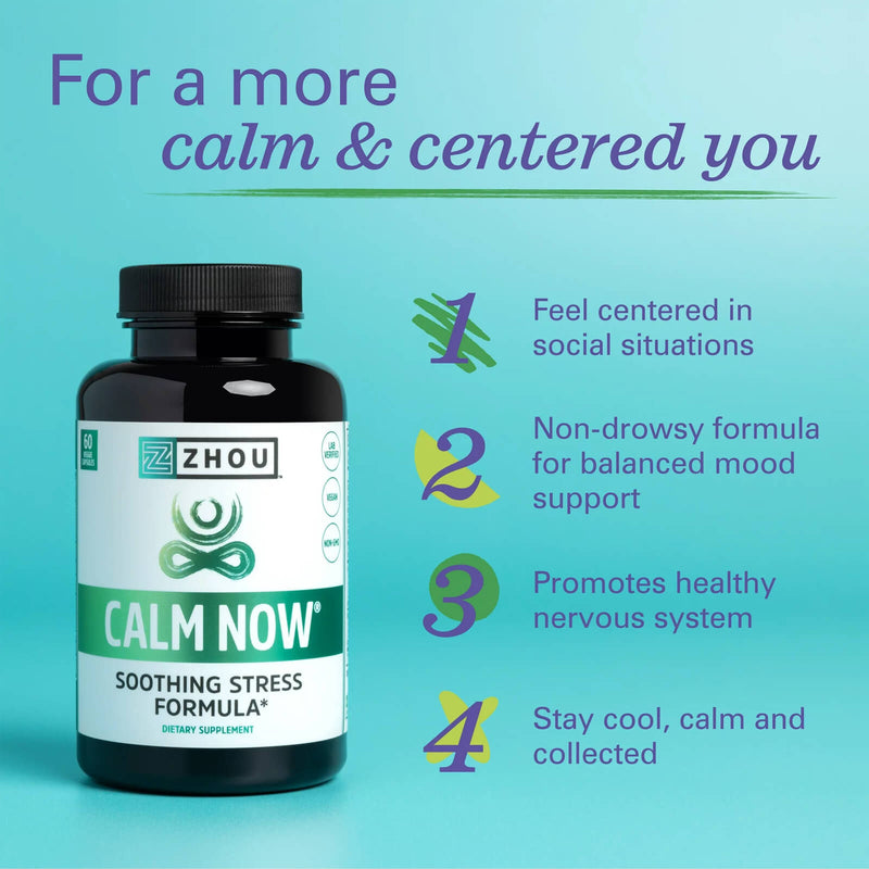 ZHOU Calm Now, Soothing Stress Formula, Relax, Focus & Positive Mind, Supports Serotonin Increase, 30 Servings - 60 VegCaps - DailyVita