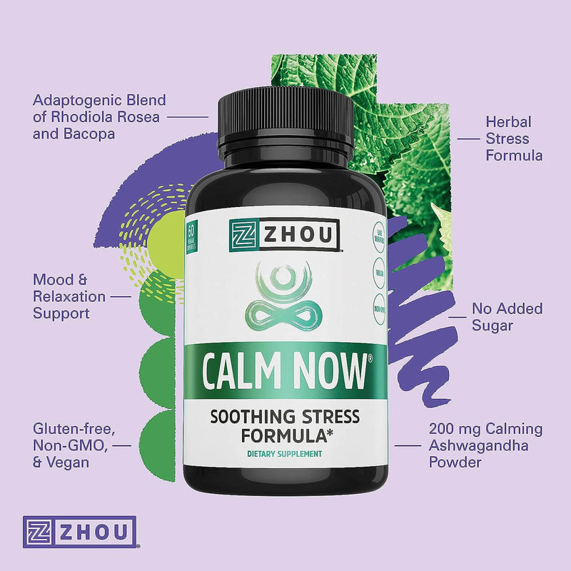 ZHOU Calm Now, Soothing Stress Formula, Relax, Focus & Positive Mind, Supports Serotonin Increase, 30 Servings - 60 VegCaps - DailyVita