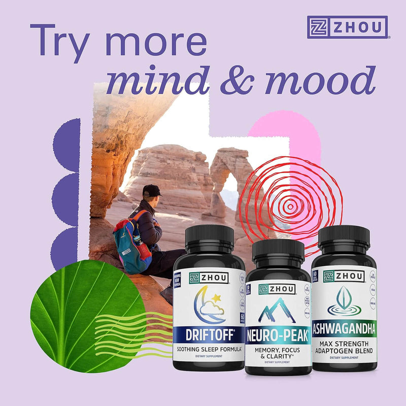 ZHOU Calm Now, Soothing Stress Formula, Relax, Focus & Positive Mind, Supports Serotonin Increase, 30 Servings - 60 VegCaps - DailyVita