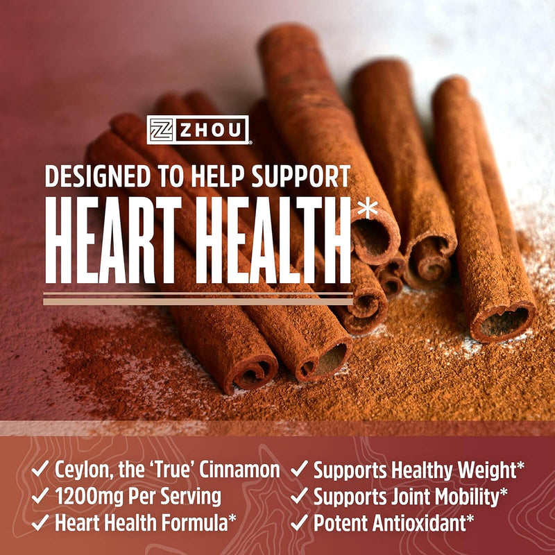 ZHOU Ceylon Cinnamon, Supports Heart Health and Joint Mobility, True Cinnamon Native to Sri Lanka, 30 Servings, 60 Vcaps - DailyVita