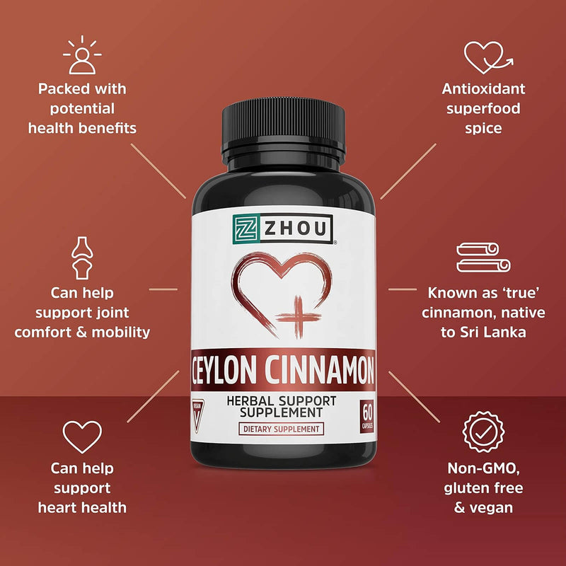 ZHOU Ceylon Cinnamon, Supports Heart Health and Joint Mobility, True Cinnamon Native to Sri Lanka, 30 Servings, 60 Vcaps - DailyVita