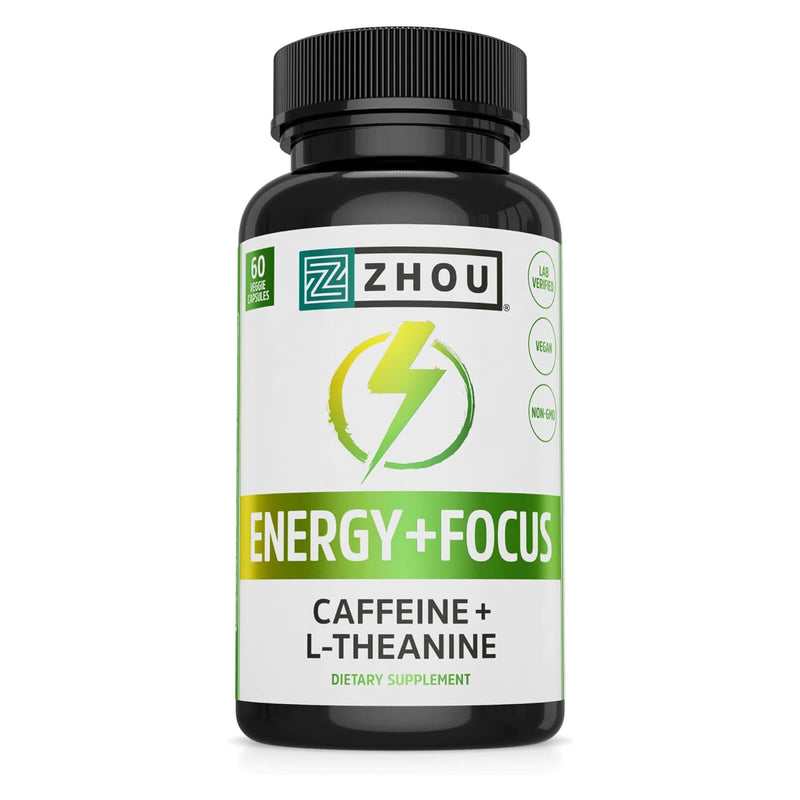 ZHOU Energy + Focus, Natural Caffeine Pills 100 mg with L-Theanine 200 mg, Nootropic Supplement, Clean Energy, Endurance and Mental Focus, 60 Capsules - DailyVita