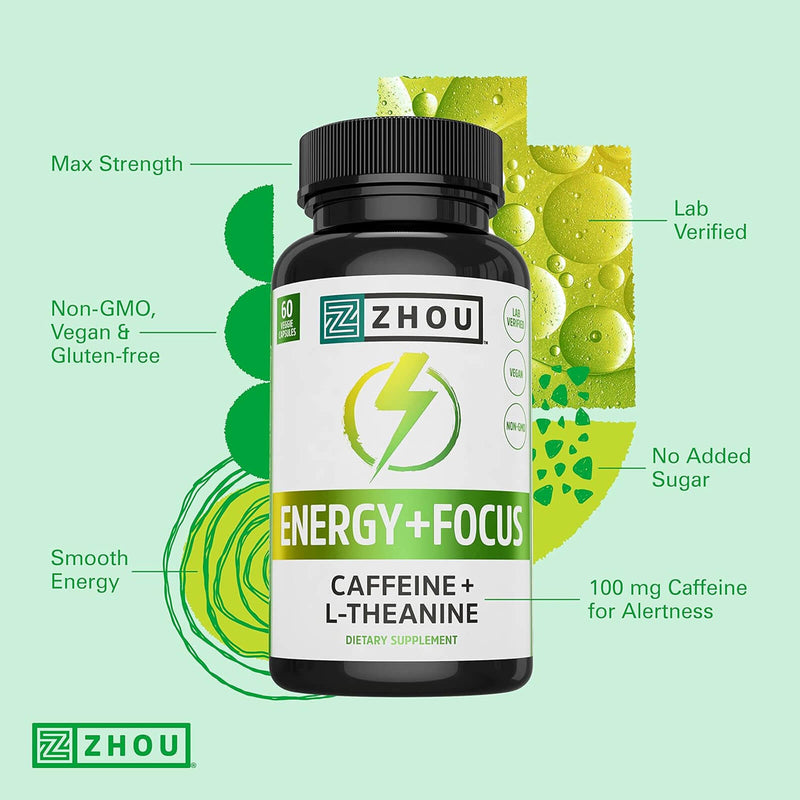 ZHOU Energy + Focus, Natural Caffeine Pills 100 mg with L-Theanine 200 mg, Nootropic Supplement, Clean Energy, Endurance and Mental Focus, 60 Capsules - DailyVita