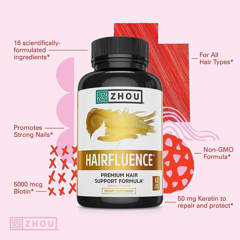 ZHOU Hairfluence, Hair Growth Supplement with Biotin 5000mcg, Collagen, Keratin, Vitamin A, C, D3 & B12, Stronger Hair Skin and Nails, 60 Veg Caps - DailyVita