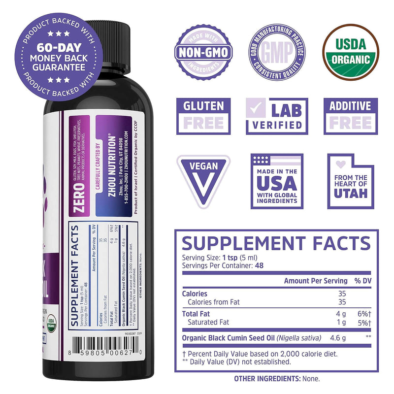 ZHOU Organic Black Seed Oil, 100% Virgin Cold Pressed Omega 3 6 9, Super Antioxidant for Immune Support, Joints, Digestion, Hair & Skin  8oz - DailyVita