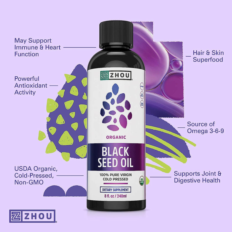 ZHOU Organic Black Seed Oil, 100% Virgin Cold Pressed Omega 3 6 9, Super Antioxidant for Immune Support, Joints, Digestion, Hair & Skin  8oz - DailyVita