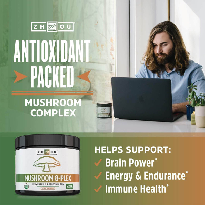 Zhou Nutrition 8-Plex Organic Mushroom Powder, Support Cognitive and Immune Health, Increase Energy, Endurance & Overall Wellness, Lions Mane, Reishi & Turkey Tail, 30 Servings - 2.14 Oz - DailyVita