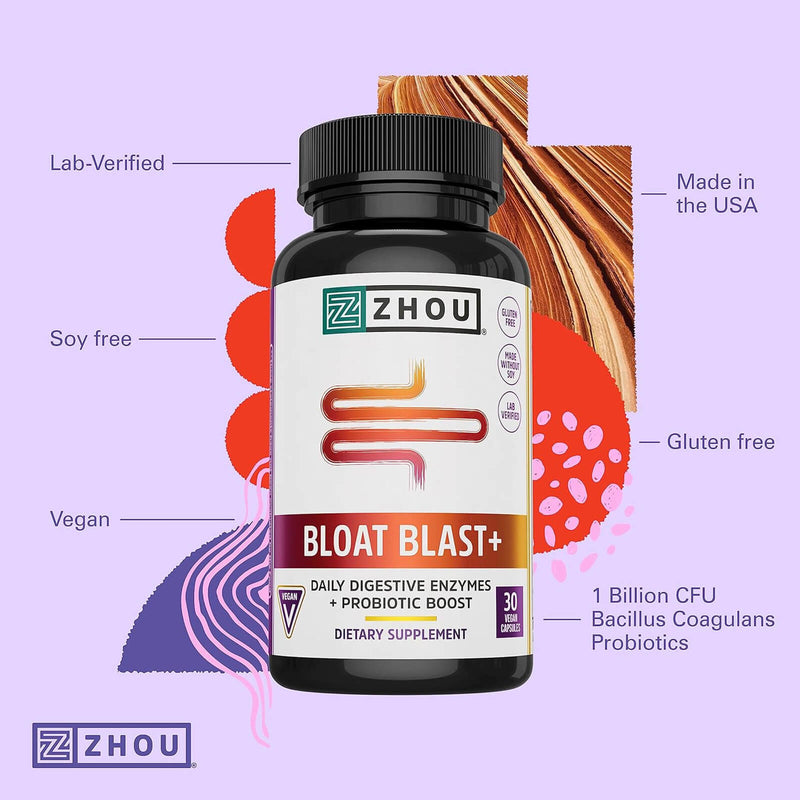 ZHOU Bloat Blast+ Digestive Enzymes with Probiotics, Bloating Relief 30 Vegan Capsules - DailyVita