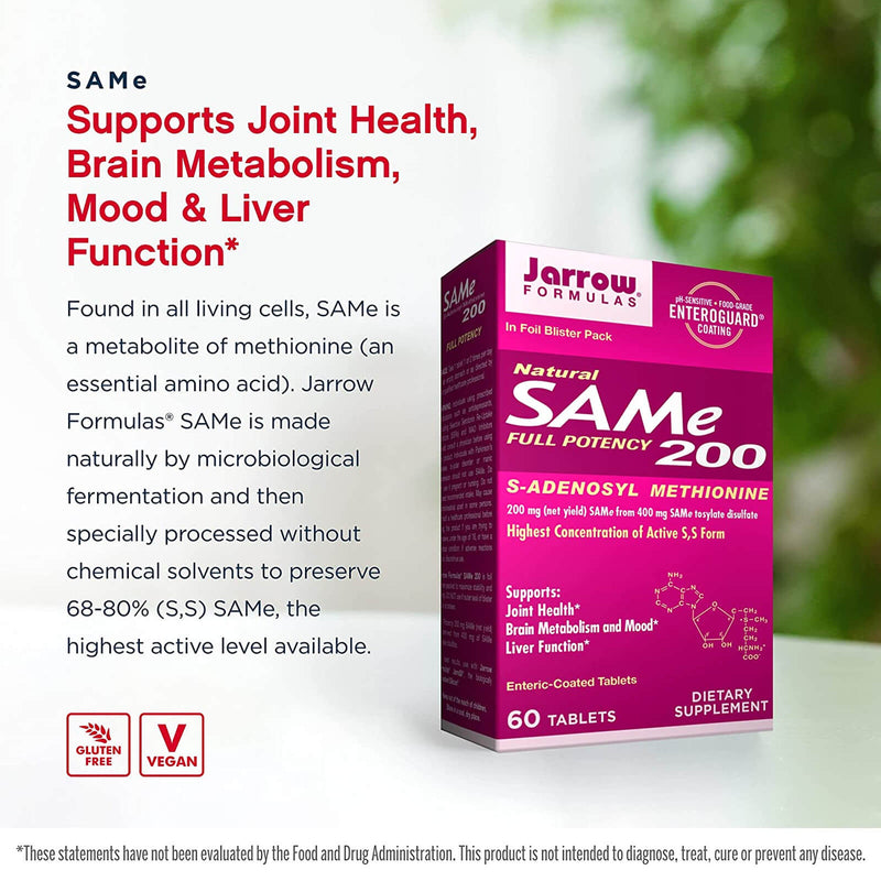 Jarrow Formulas Natural SAM-e (S-Adenosyl-L-Methionine) 200 200 mg 60 Enteric-Coated Tablets - DailyVita