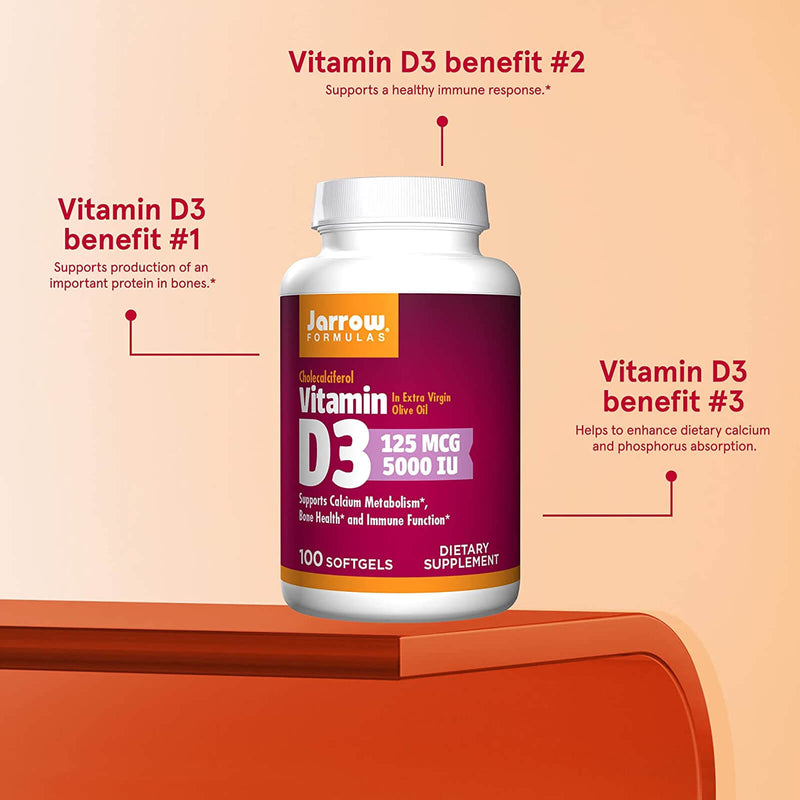 Jarrow Formulas Vitamin D3 Cholecalciferol 125 mcg (5,000 IU) 100 Softgels - DailyVita