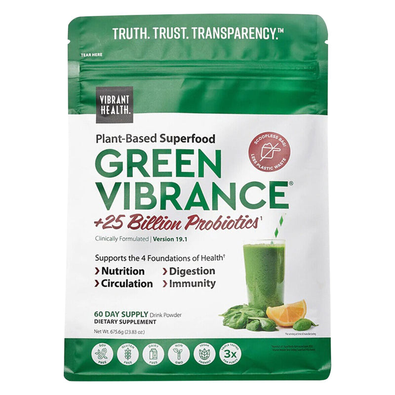 Vibrant Health Green Vibrance Pouch, powder 60 serving, 675.6g (23.83 oz.) 60% Less Plastic! - DailyVita