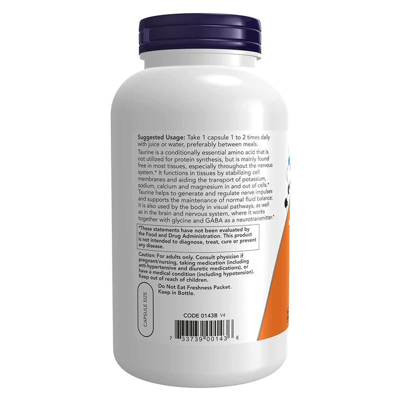 NOW Foods Taurine Double Strength 1000 mg 250 Veg Capsules - DailyVita