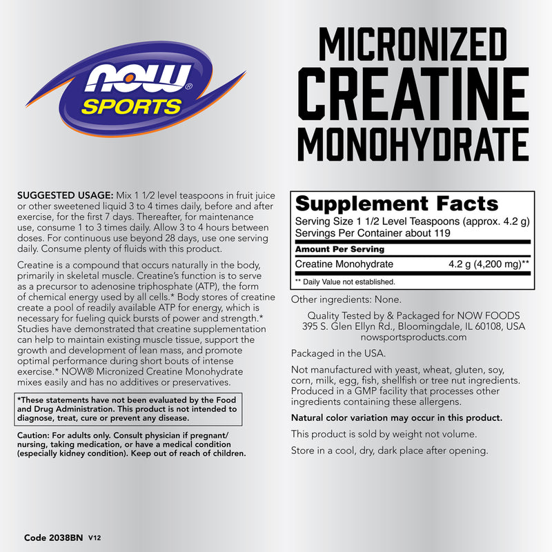NOW Foods Creatine Monohydrate Micronized Powder 1.1 lbs. (500 g) - DailyVita