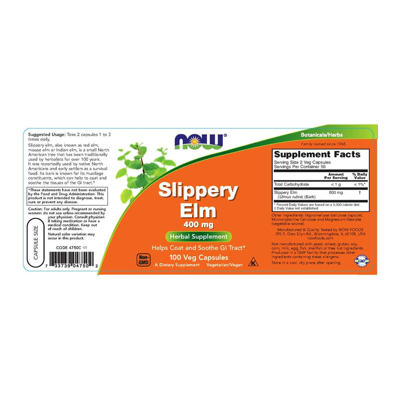 NOW Foods Slippery Elm 400 mg 100 Veg Capsules - DailyVita