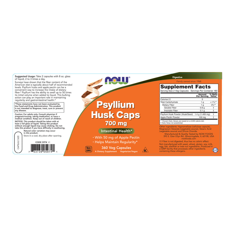 NOW Foods Psyllium Husk 700 mg 360 Veg Capsules - DailyVita