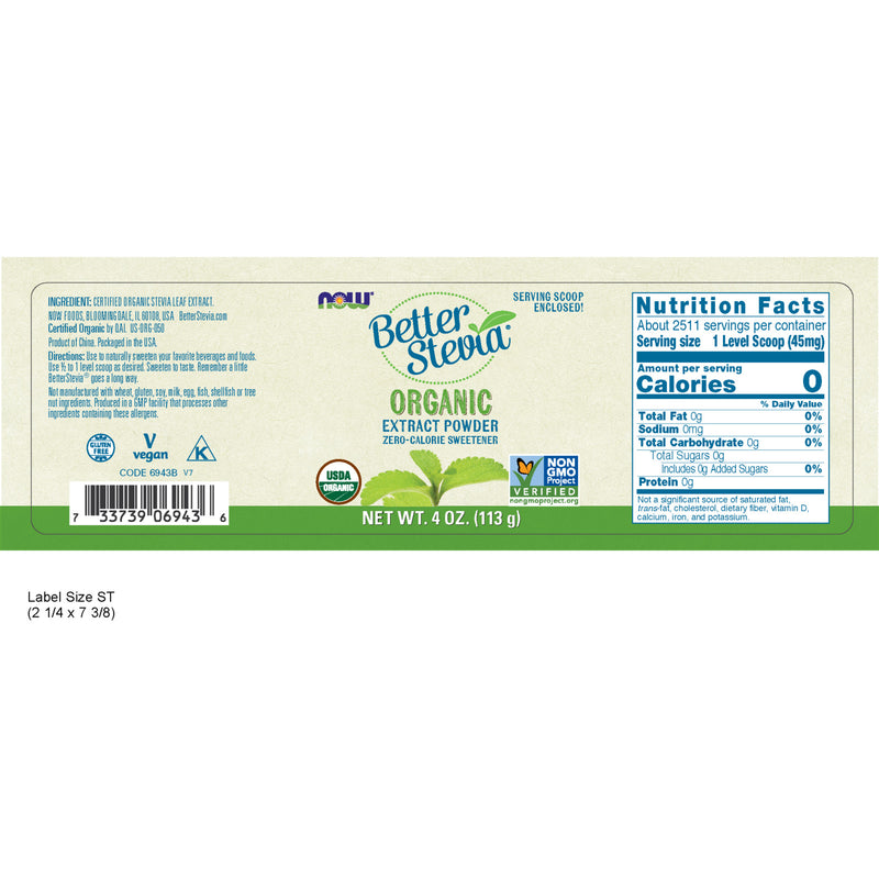 NOW Foods BetterStevia Extract Powder Organic 4 oz - DailyVita