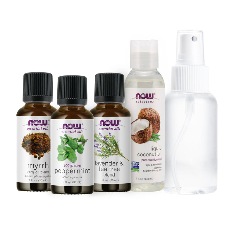 NOW Foods Prevent & Protect Sanitizer Spray Kit (Myrrh Peppermint Coconut,Lavender & Tea Tree Sprayer) - DailyVita