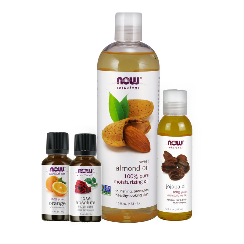 NOW Foods Essential Oil Bundle: Skin Moisturizing (Orange Rose Absolute Sweet Almond Jojoba) - DailyVita