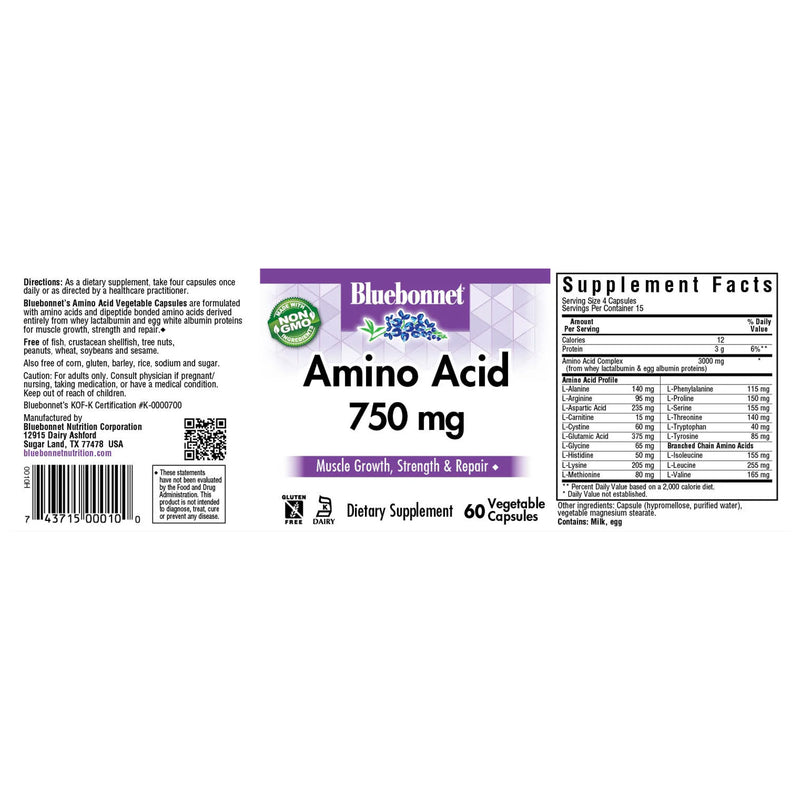 Bluebonnet Amino Acid 750 mg 60 Veg Capsules - DailyVita