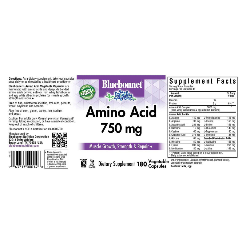 Bluebonnet Amino Acid 750 mg 180 Veg Capsules - DailyVita