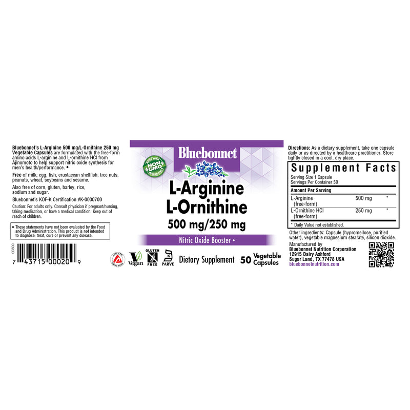 Bluebonnet L-Arginine / L-Ornithine 500 mg / 250 mg 50 Veg Capsules - DailyVita
