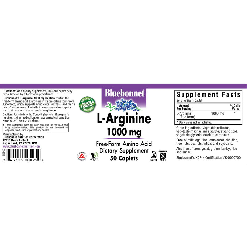 Bluebonnet L-Arginine 1000 mg 50 Caplets - DailyVita