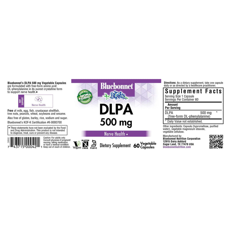 Bluebonnet DLPA 500 mg 60 Veg Capsules - DailyVita