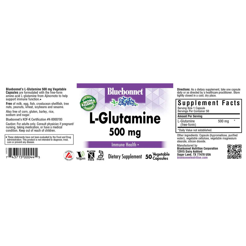 Bluebonnet L-Glutamine 500 mg 50 Veg Capsules - DailyVita
